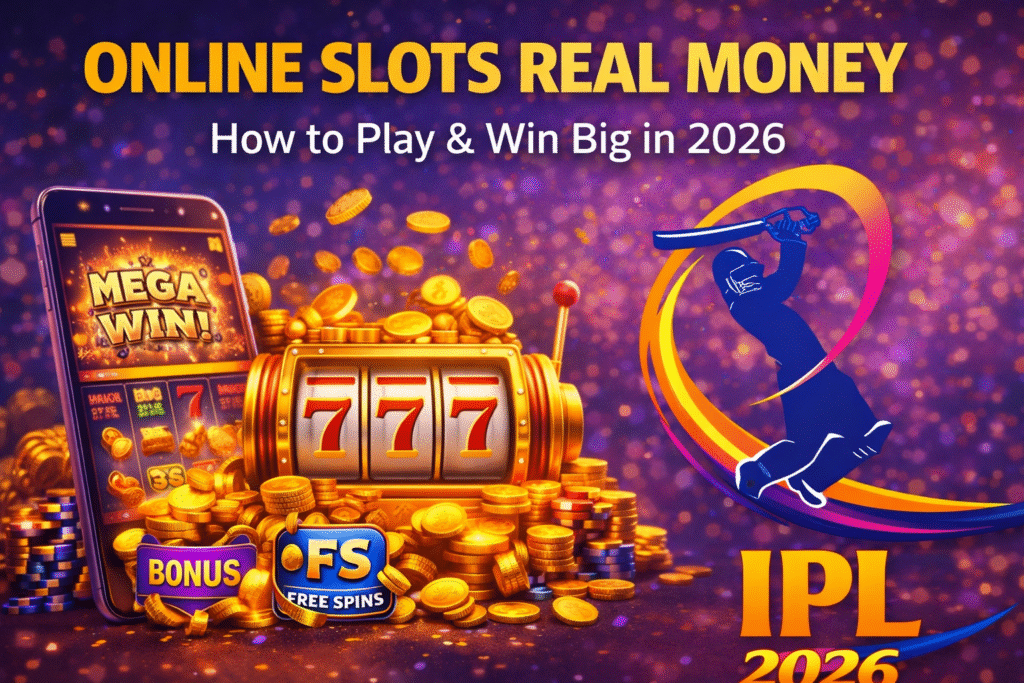 Online slots real money 2026 banner with IPL logo, slot machine 777, free spins bonus and coins