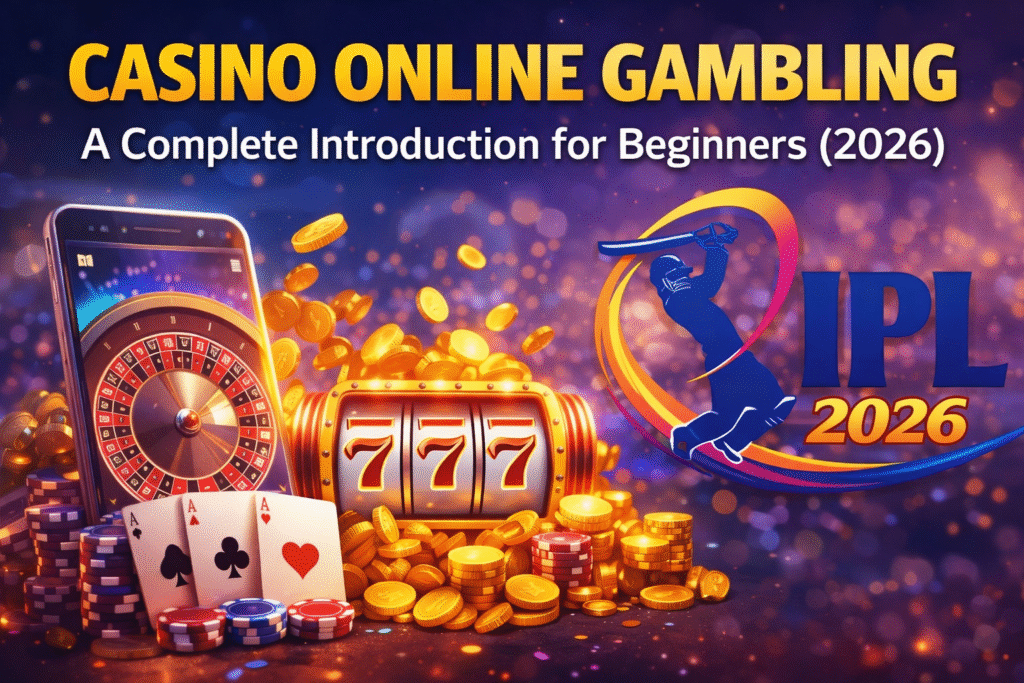 Casino online gambling 2026 with IPL logo, slots, roulette and poker chips