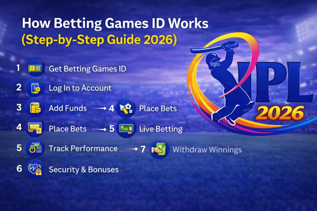 How Betting Games ID works step by step with IPL 2026 logo and betting process illustration