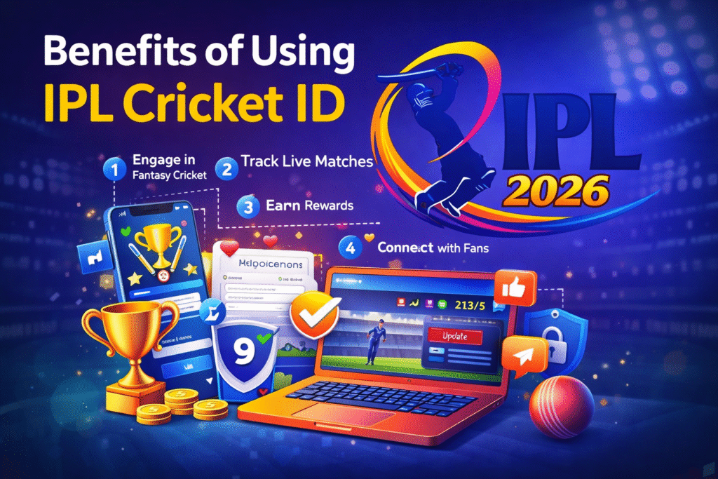 Benefits of IPL Cricket ID with IPL 2026 logo showing fantasy cricket and live match features