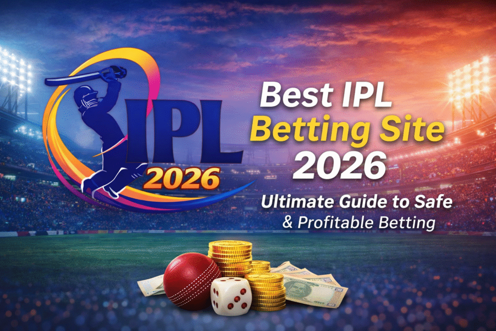 Best IPL Betting Site 2026 guide with IPL logo, cricket stadium, betting coins and safe online betting concept