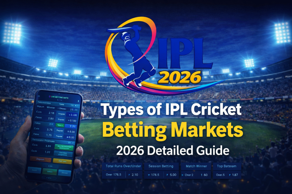 Types of IPL cricket betting markets 2026 with IPL logo and betting odds screen