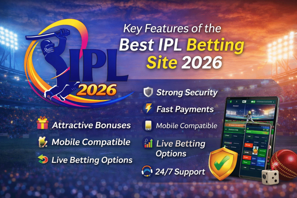 Key features of best IPL betting site 2026 with IPL logo, secure betting, fast payments, live betting and bonus offers