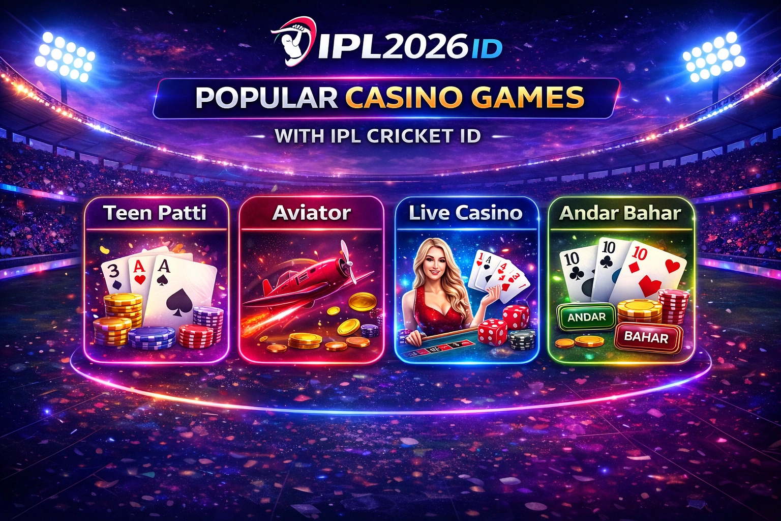 Popular casino games with IPL Cricket ID including Teen Patti Aviator Live Casino and Andar Bahar