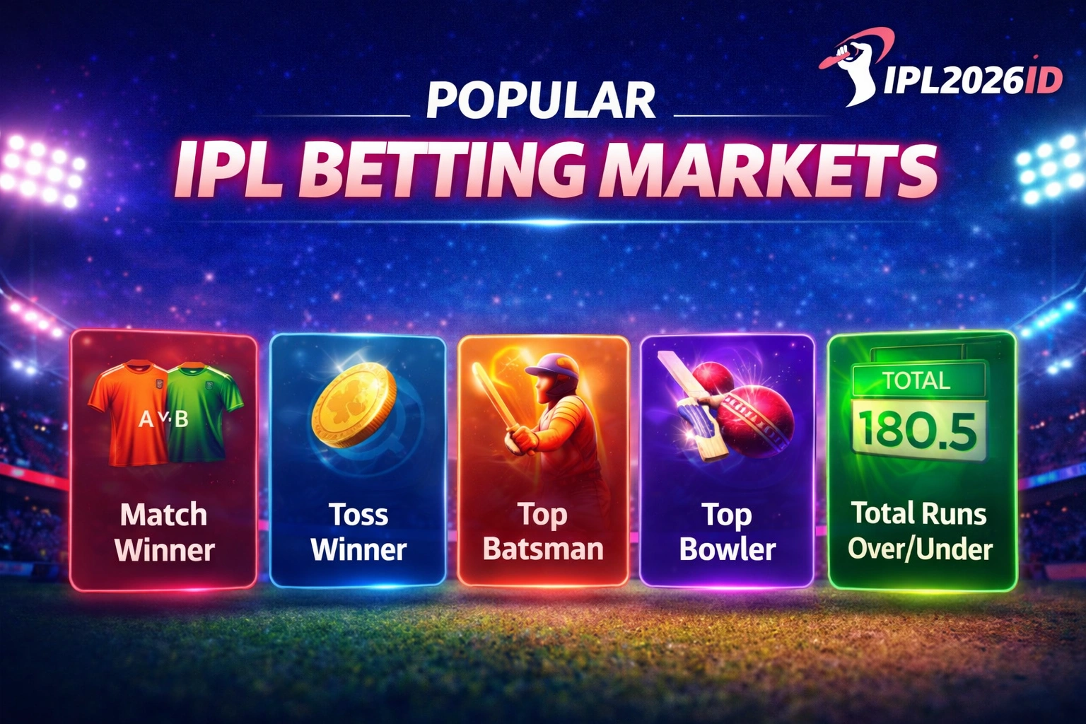 Popular IPL betting markets including match winner, toss winner, top batsman and total runs betting