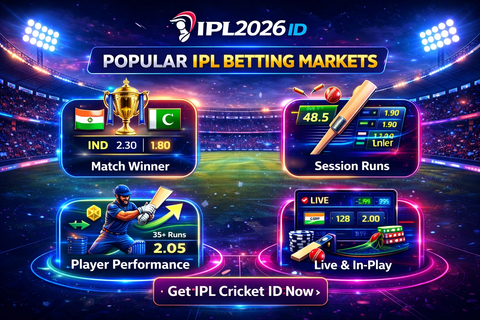 Popular IPL betting markets including match winner session betting and live IPL betting