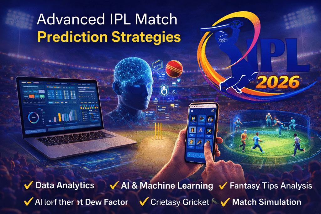Advanced IPL match prediction strategies using AI, data analytics, fantasy cricket insights with IPL 2026 logo