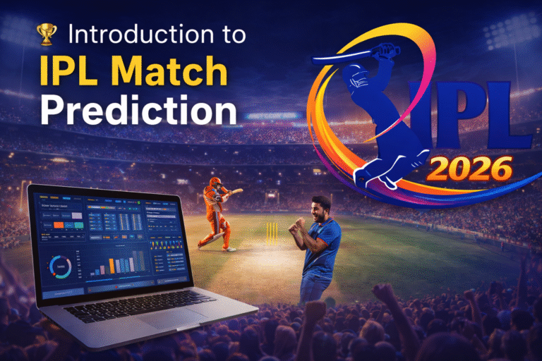 IPL Match Prediction 2026 analysis with official IPL logo and cricket stats dashboard