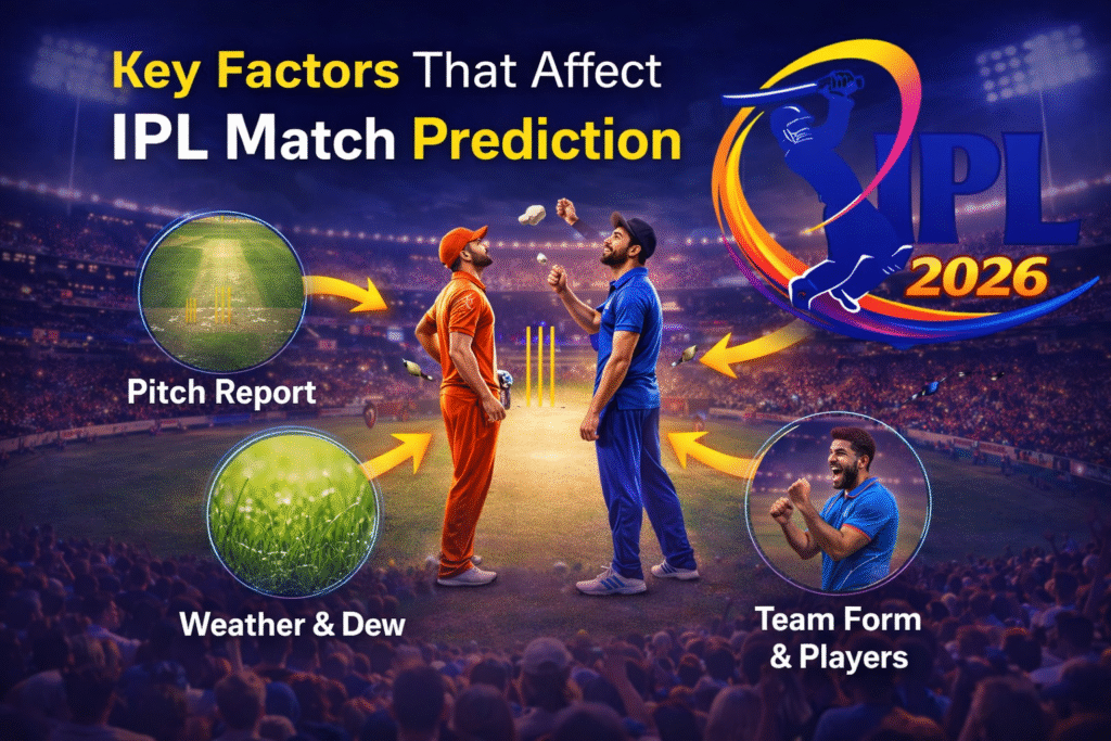 Key factors affecting IPL match prediction including pitch report, toss, player stats with IPL 2026 logo